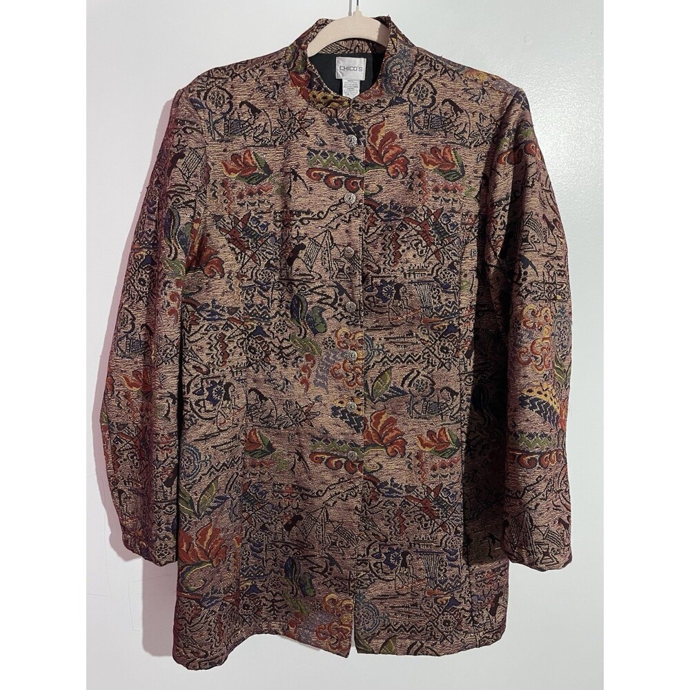Chicos Topper 1 Tapestry Sequin Artsy Jacquard Longline Brocade‎ Tribal Floral
